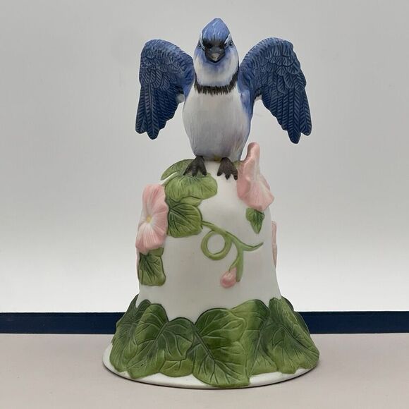 AVON Bisque Porcelain Bird Morning Glory Flower Bell 2001 Collectible Blue Jay - Picture 1 of 16